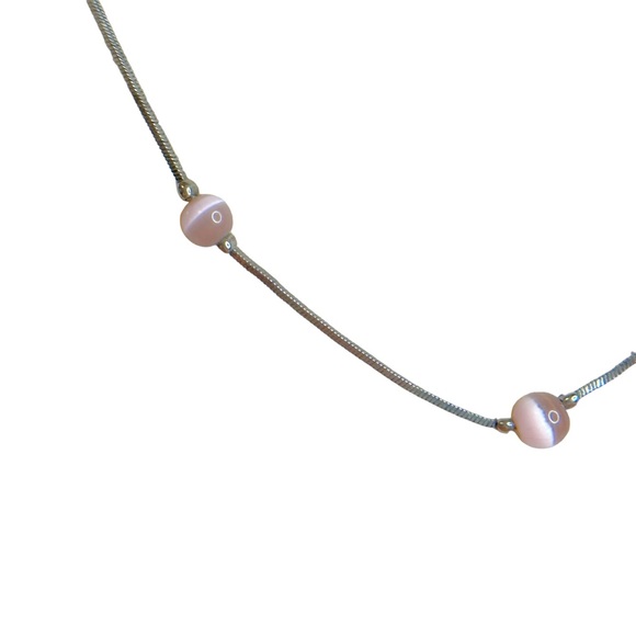 Vintage Baby Pink Cats Eye Beaded Silver Tone Necklace - Picture 2 of 5